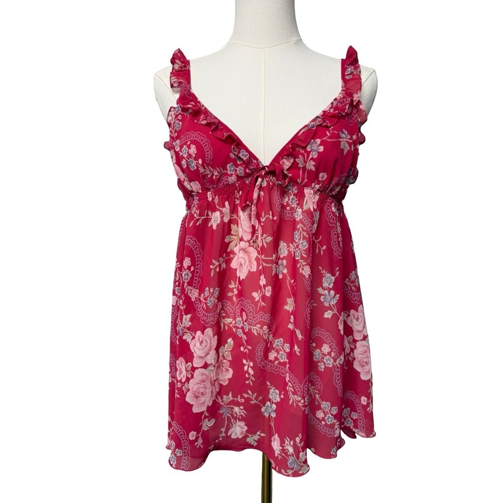 Vintage Victoria's Secret Silk Babydoll Camisole Womens L Pink Floral Ruffle Y2K